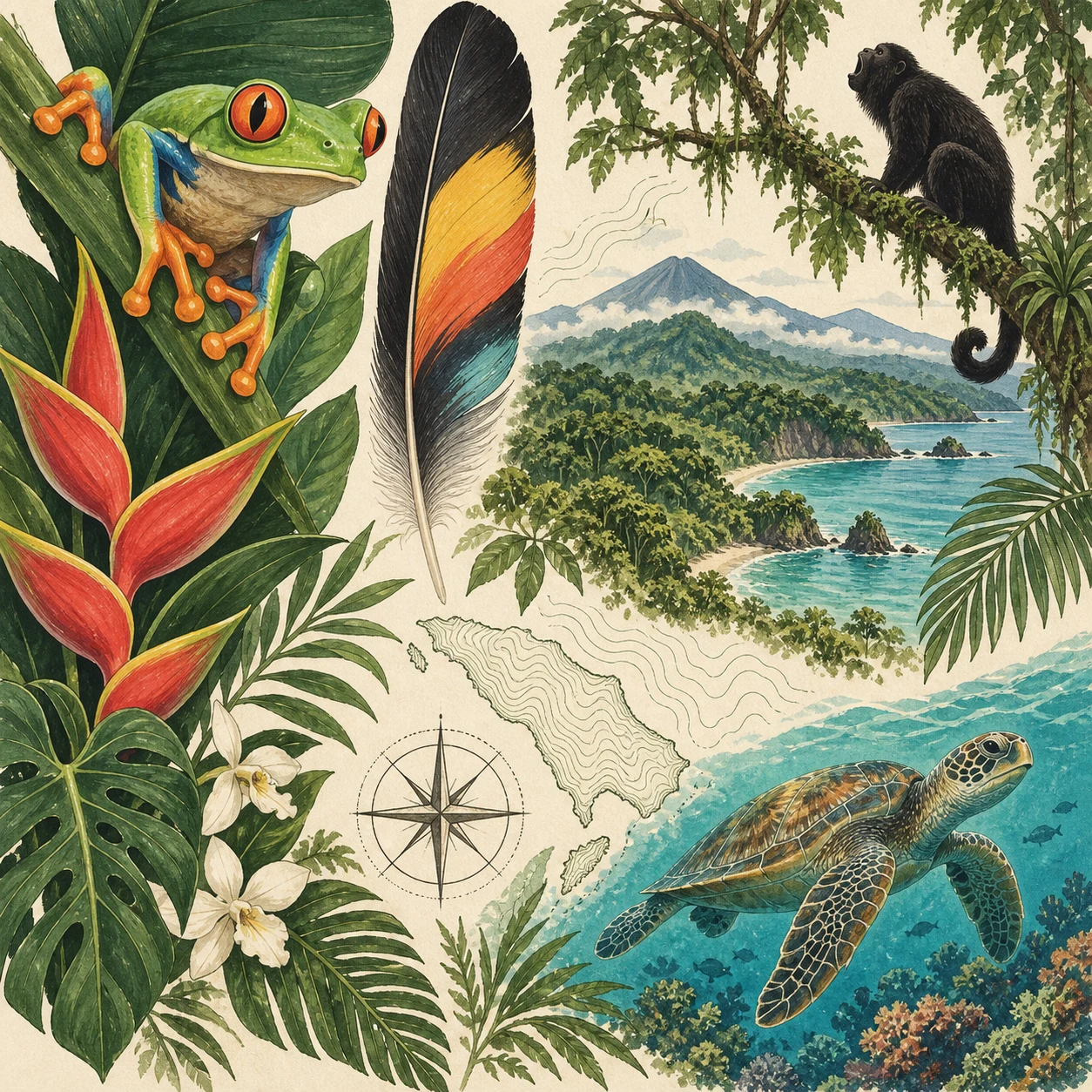 Planche illustrée du Costa Rica avec faune, volcan, côte et carte topographique